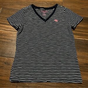 Abercrombie Kids 9/10 Navy White Stripes V Neck Short Sleeve Pink Logo‎